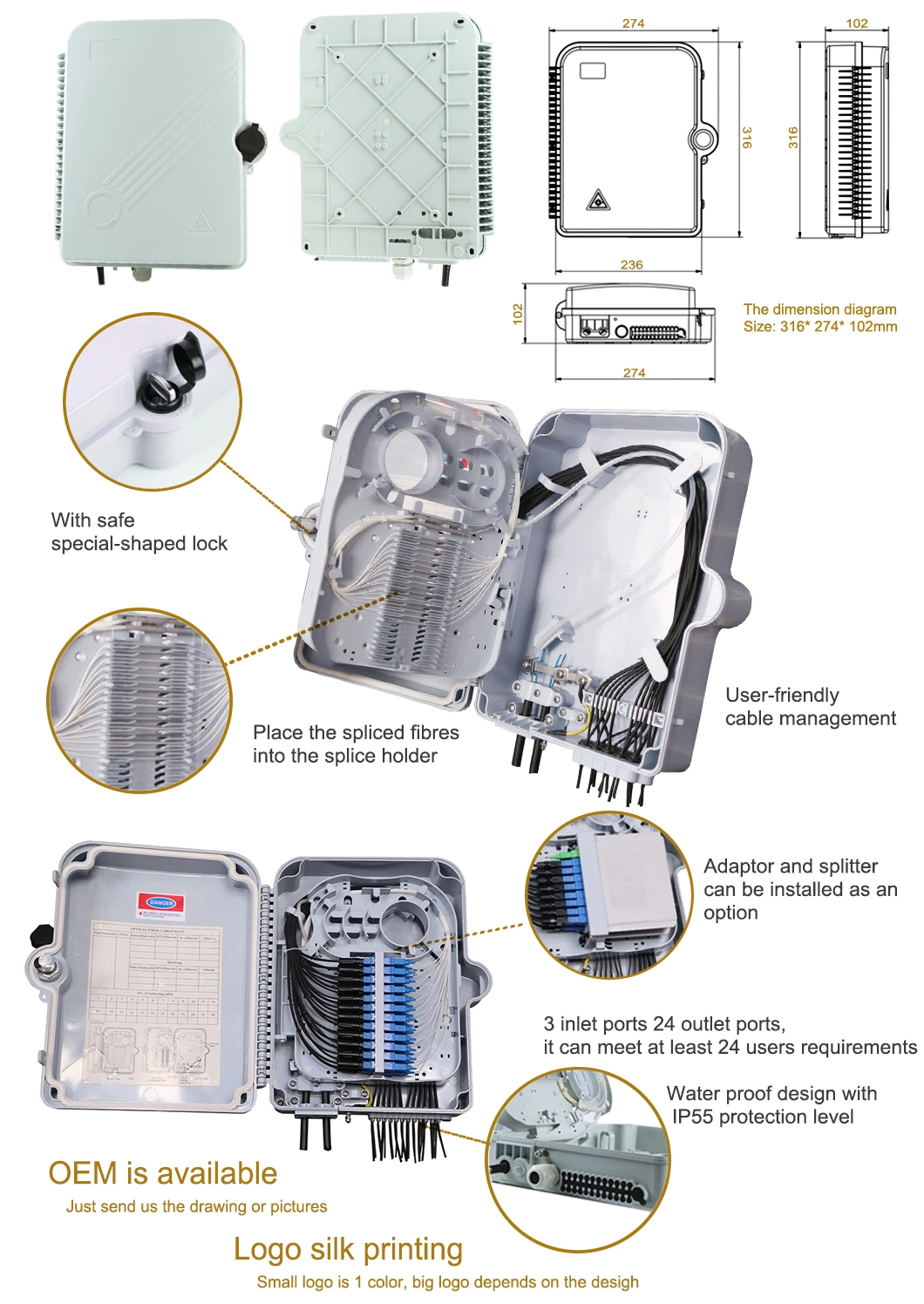 Outdoor 8 Ports Fiber Optic FTTH Splitter Distribution Box Termination Box